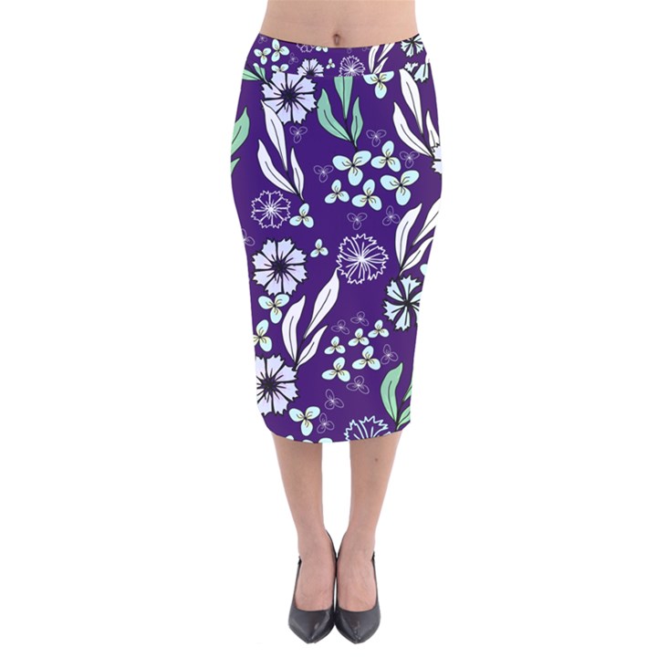 Floral blue pattern  Velvet Midi Pencil Skirt