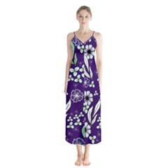 Floral Blue Pattern  Button Up Chiffon Maxi Dress by MintanArt