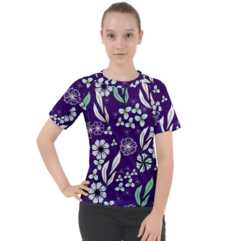 Floral Blue Pattern  Women s Sport Raglan Tee by MintanArt