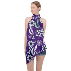 Floral Blue Pattern  Halter Asymmetric Satin Top by MintanArt