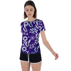 Floral Blue Pattern  Back Circle Cutout Sports Tee