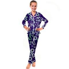 Floral Blue Pattern  Kid s Satin Long Sleeve Pajamas Set by MintanArt