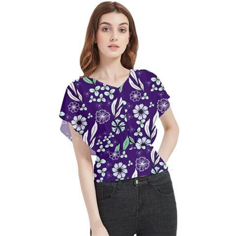 Floral Blue Pattern  Butterfly Chiffon Blouse by MintanArt