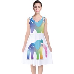 Illustrations Elephant Colorful Pachyderm V-neck Midi Sleeveless Dress  by HermanTelo