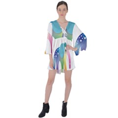 Illustrations Elephant Colorful Pachyderm V-neck Flare Sleeve Mini Dress by HermanTelo