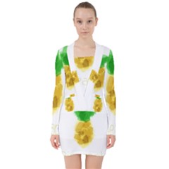 Pineapple Fruit Watercolor Painted V-neck Bodycon Long Sleeve Dress by Mariart