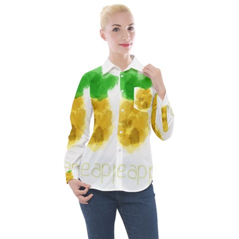 Pineapple Fruit Watercolor Painted Women s Long Sleeve Pocket Shirt by Mariart