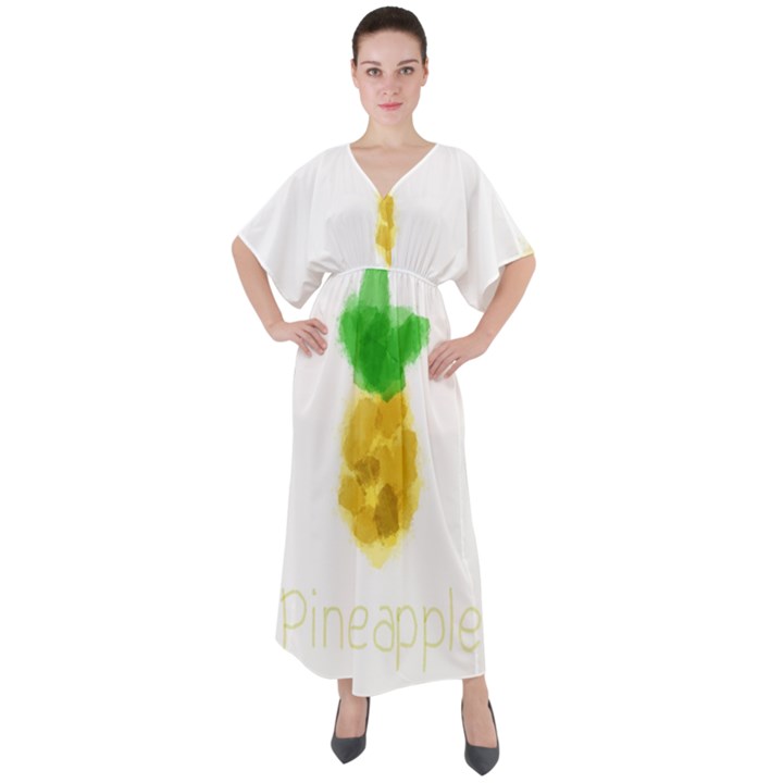 Pineapple Fruit Watercolor Painted V-Neck Boho Style Maxi Dress