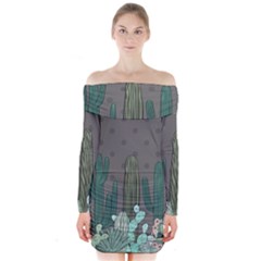 Cactus Plant Green Nature Cacti Long Sleeve Off Shoulder Dress by Mariart