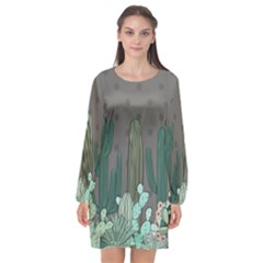 Cactus Plant Green Nature Cacti Long Sleeve Chiffon Shift Dress 