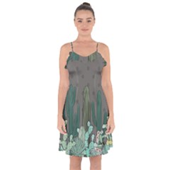 Cactus Plant Green Nature Cacti Ruffle Detail Chiffon Dress