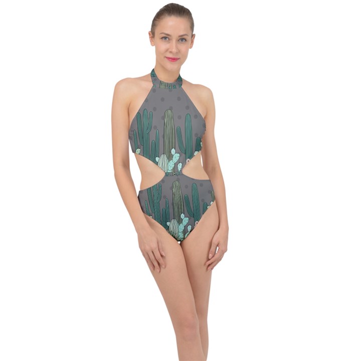 Cactus Plant Green Nature Cacti Halter Side Cut Swimsuit