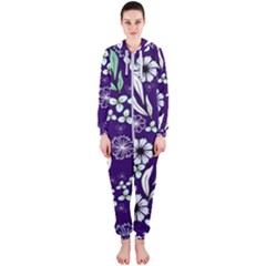 Floral Blue Pattern  Hooded Jumpsuit (ladies)  by MintanArt