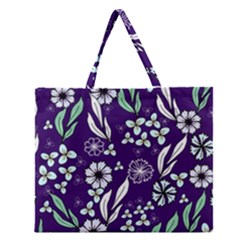 Floral Blue Pattern  Zipper Large Tote Bag by MintanArt