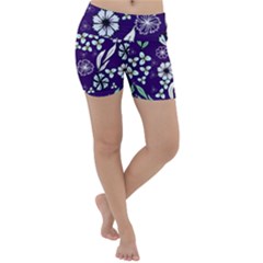 Floral Blue Pattern  Lightweight Velour Yoga Shorts by MintanArt