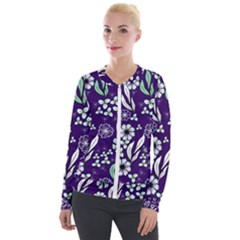 Floral Blue Pattern  Velvet Zip Up Jacket by MintanArt