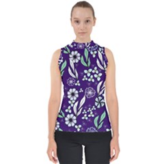 Floral Blue Pattern  Mock Neck Shell Top by MintanArt