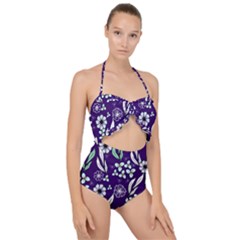 Floral Blue Pattern  Scallop Top Cut Out Swimsuit by MintanArt