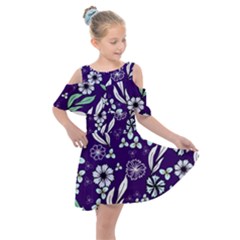 Floral Blue Pattern  Kids  Shoulder Cutout Chiffon Dress