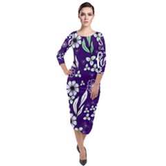 Floral Blue Pattern  Quarter Sleeve Midi Velour Bodycon Dress by MintanArt