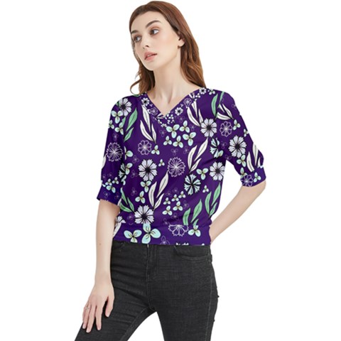 Floral Blue Pattern  Quarter Sleeve Blouse by MintanArt