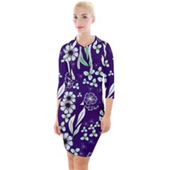 Floral Blue Pattern  Quarter Sleeve Hood Bodycon Dress by MintanArt