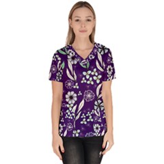 Floral Blue Pattern  Women s V-neck Scrub Top by MintanArt