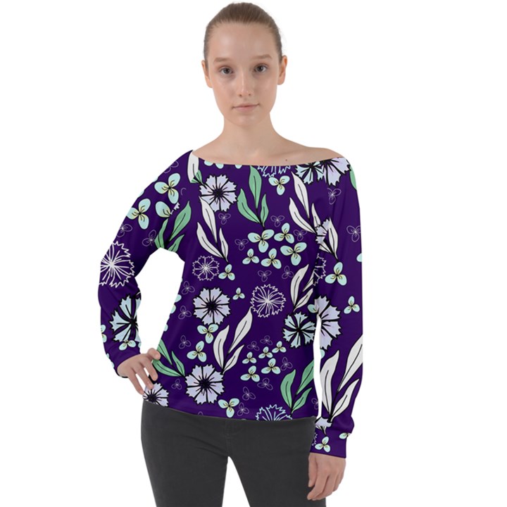 Floral blue pattern  Off Shoulder Long Sleeve Velour Top