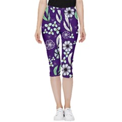 Floral Blue Pattern  Inside Out Lightweight Velour Capri Leggings  by MintanArt