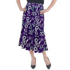 Floral Blue Pattern  Midi Mermaid Skirt by MintanArt