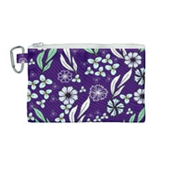 Floral Blue Pattern  Canvas Cosmetic Bag (medium) by MintanArt