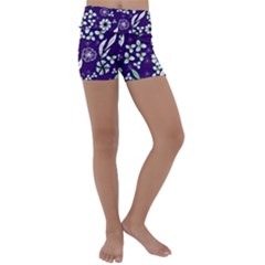 Floral Blue Pattern  Kids  Lightweight Velour Yoga Shorts by MintanArt