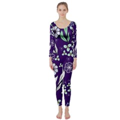 Floral Blue Pattern  Long Sleeve Catsuit by MintanArt