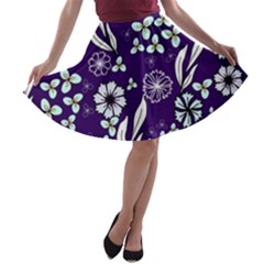 Floral Blue Pattern  A-line Skater Skirt by MintanArt