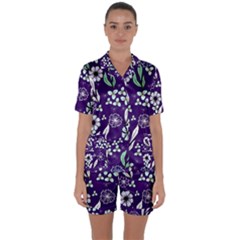 Floral Blue Pattern  Satin Short Sleeve Pajamas Set by MintanArt