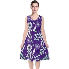 Floral Blue Pattern  V-neck Midi Sleeveless Dress  by MintanArt