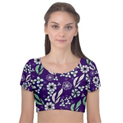 Floral Blue Pattern  Velvet Short Sleeve Crop Top  by MintanArt