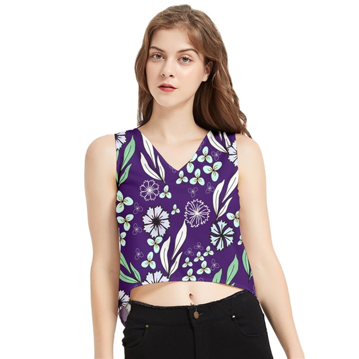 Floral blue pattern  V-Neck Cropped Tank Top