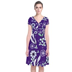 Floral Blue Pattern  Short Sleeve Front Wrap Dress by MintanArt