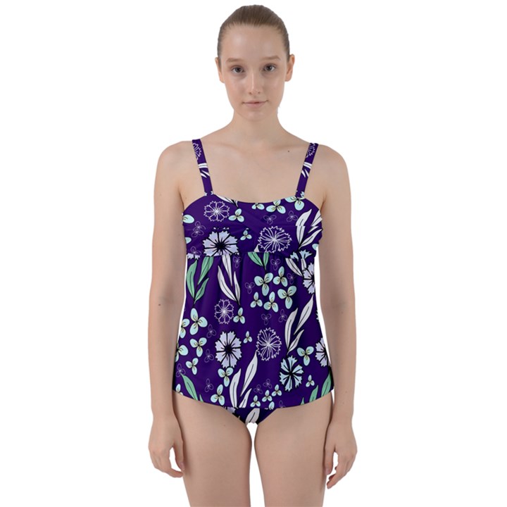 Floral blue pattern  Twist Front Tankini Set