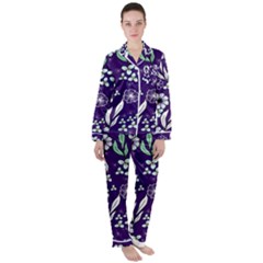 Floral Blue Pattern  Satin Long Sleeve Pajamas Set by MintanArt