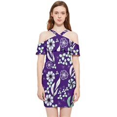 Floral Blue Pattern  Shoulder Frill Bodycon Summer Dress by MintanArt