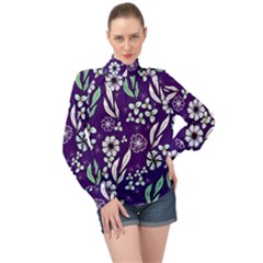 Floral Blue Pattern  High Neck Long Sleeve Chiffon Top by MintanArt