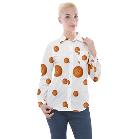 Tangerines Photo Motif Pattern Design Women s Long Sleeve Pocket Shirt by dflcprintsclothing