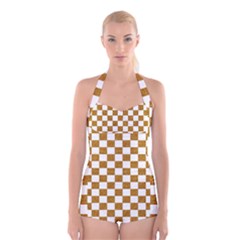 Checkerboard Gold Boyleg Halter Swimsuit  by impacteesstreetweargold