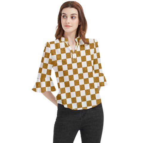 Checkerboard Gold Loose Horn Sleeve Chiffon Blouse by impacteesstreetweargold