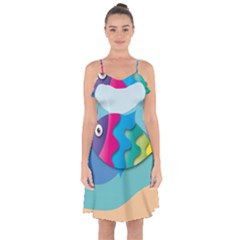 Illustrations Fish Sea Summer Colorful Rainbow Ruffle Detail Chiffon Dress