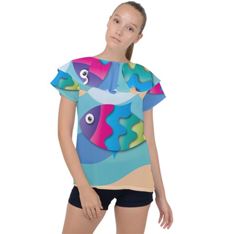 Illustrations Fish Sea Summer Colorful Rainbow Ruffle Collar Chiffon Blouse by HermanTelo