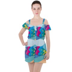 Illustrations Fish Sea Summer Colorful Rainbow Ruffle Cut Out Chiffon Playsuit