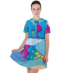 Illustrations Fish Sea Summer Colorful Rainbow Short Sleeve Shoulder Cut Out Dress 